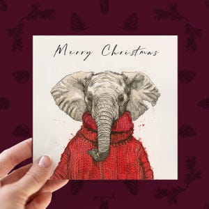Gepersonaliseerde olifantenkerstkaart, kerstkaart voor natuurliefhebbers, dierenkerstkaart, olifantenkaart voor hem rode trui vrolijk kerstfeest