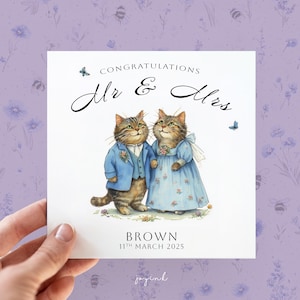 Carte de mariage personnalisée, carte de M. et Mme personnalisée, nom de couple, félicitations aux jeunes mariés le jour de votre mariage ; Anniversaire de chat