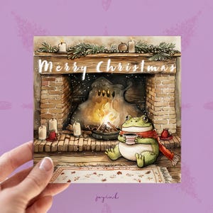 Gepersonaliseerde kikkerkerstkaart, aanpasbare kikkervakantiewenskaarten voor bosdierenliefhebbers, kikkerkaarten voor hem vader, open haard