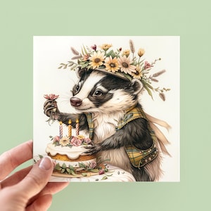 Cartão de bolo de aniversário de texugo personalizado, cartões de animais fofos, animais ilustrados da floresta, cartão para ela, cartões de aniversário de crianças, cartões de vida selvagem