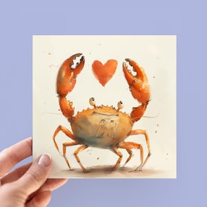 Tarjeta de felicitación de cangrejo personalizada, tarjeta ilustrada con acuarela para amantes de los cangrejos, tarjetas de amor personalizadas, tarjeta de San Valentín, tarjeta para él y para ella