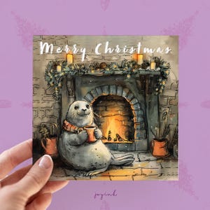 Biglietto di Natale personalizzato con sigillo, biglietti di Natale personalizzabili con sigillo per gli amanti degli animali, biglietti con sigillo per lui, camino accogliente, auguri di Buon Natale personalizzati