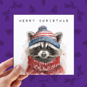 Carte de Noël personnalisée de raton laveur, cartes de voeux de Noël personnalisables aux États-Unis pour les amoureux des animaux, cartes de raton laveur pour lui, drapeau des États-Unis