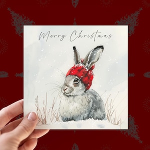 Biglietto di Natale personalizzato con lepre, biglietto di Natale personalizzato per gli amanti della fauna selvatica, biglietto di auguri con coniglio, biglietti di auguri con animali di Natale per lei, biglietti con lepre