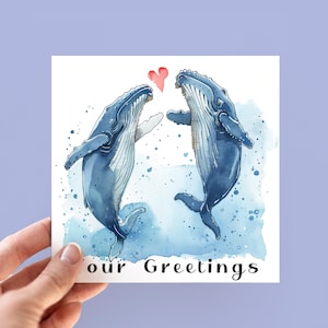 Wenskaart bultrug, gepersonaliseerde geïllustreerde kaart voor walvisliefhebbers, verjaardagskaart walvis, cadeaus blauwe vinvis, valentijnskaart