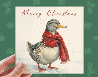 Cartão de Natal de pato personalizado, cartão para amantes de animais de fazenda, cartão de pato personalizado, cartão para ele e para ela, cartão de feriado de pato, pato aquarela