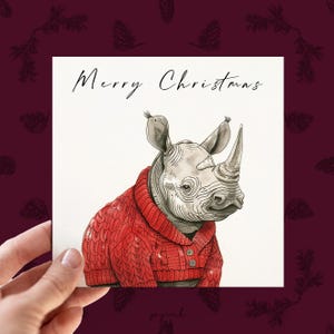 Personalisierte Nashorn Weihnachtskarte, Karte für Wildtier-Liebhaber, Benutzerdefinierte Tier Weihnachtskarte, Graues Nashorn für Sie und Ihn, Nashorn im Pullover