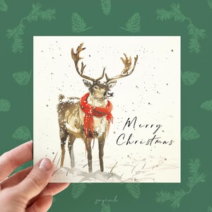 Biglietto di auguri di Natale con renne, biglietti di Natale personalizzati, biglietto di Natale per amanti degli animali, biglietto personalizzato per lui e per lei, biglietto con renne acquerellate