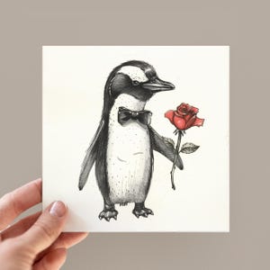 Cartes de Saint-Valentin pingouin, carte pour les amateurs de pingouin, carte d'anniversaire de pingouin, pingouin et rose