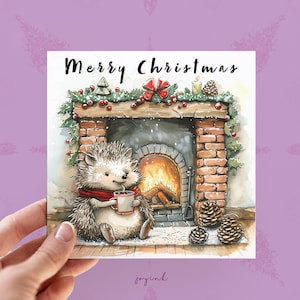 Biglietto di auguri natalizio personalizzato a forma di riccio, biglietti di auguri natalizi personalizzabili a forma di riccio per gli amanti degli animali, biglietti a forma di riccio per lui, camino accogliente
