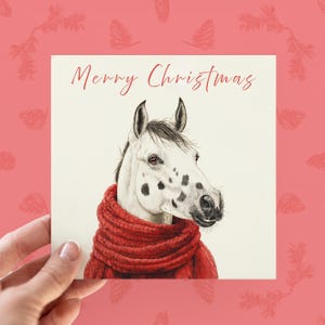 Personalisierte Pferdeweihnachtskarte, kundengerechte Weihnachtspferdekarte, Waldtierkarten für ihn, Appaloosa schwarzes und weißes Pferdekarten