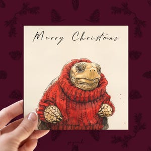 Tarjeta navideña personalizada de tortuga, para amantes de la vida silvestre, divertida tarjeta navideña de animales, para él y para ella, tortuga saltadora roja
