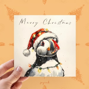 Cartão personalizado de Feliz Natal Puffin, Cartões de felicitações de Natal Puffin personalizáveis para amantes de animais, Cartões Puffin desenhados à mão para ele