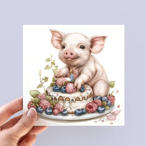Jolie carte d'anniversaire de cochon, cartes illustrées d'animaux de la ferme, carte de cochon pour fille et garçon, carte d'anniversaire d'enfant, message personnalisé