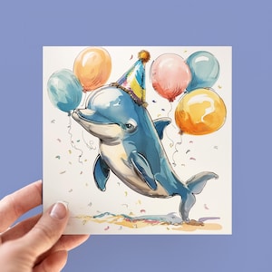 Simpatici biglietti d'auguri per i delfini, creature marine illustrate, biglietti per gli amanti dei delfini, biglietti per bambini, messaggio personalizzato