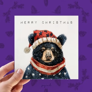 Carte de Noël personnalisée avec un ours noir, cartes de voeux de Noël personnalisables avec drapeau américain pour les amoureux des animaux, cartes avec ours pour lui