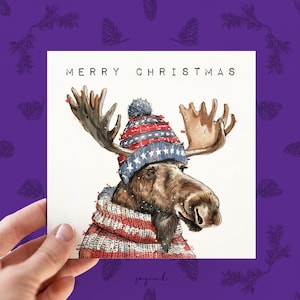 Personalisierte amerikanische Elchkarte, kundengerechte USA-Flaggen-Weihnachtsfeiertags-Grußkarten für Tierliebhaber, Elchkarten für ihn, US-Karten