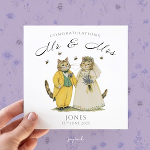 Carte de mariage personnalisée, carte de M. et Mme, nom de famille personnalisé, félicitations aux jeunes mariés le jour de votre mariage ; Cartes d'anniversaire, cadeau pour amoureux des chats