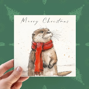Cartão de Natal personalizado de lontra, Cartão de Natal personalizável de lontra, Cartões de animais da floresta para ele e para ela, Cartões de felicitações sobre a natureza da vida selvagem