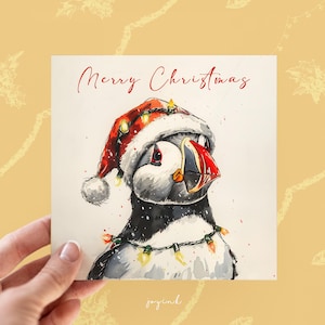 Personalised Merry Christmas Puffin Card, Holiday Greeting Cards for Wildlife Lovers, Puffin Gifts, Custom Christmas Cards for Him Her Kids