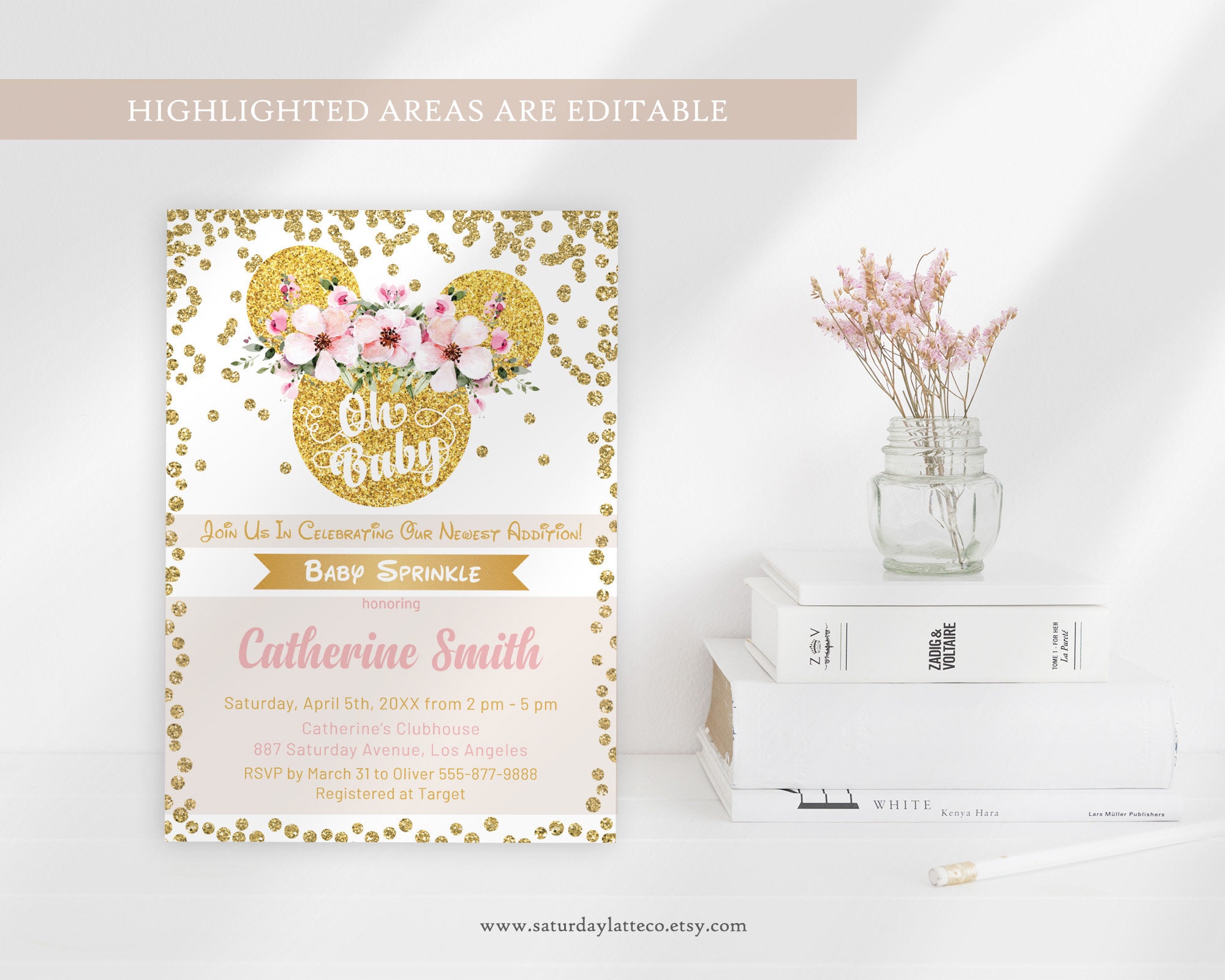 Pink and Gold Baby Sprinkle Invitation Baby Shower for Girl, Oh Baby Minnie Baby Shower Invite