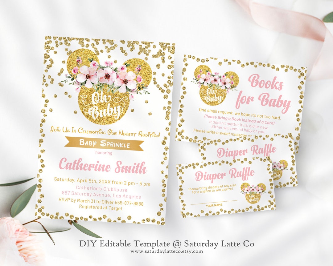 Pink and Gold Baby Sprinkle Invitation Baby Shower for Girl, Oh Baby Minnie Baby Shower Invite