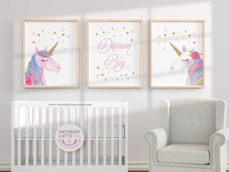Starry Unicorn Nursery Decor, Set of 3 Printable Wall Art, Dream Big