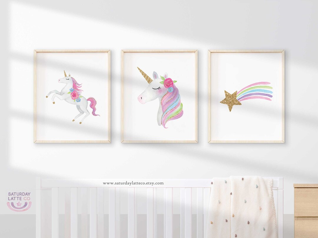 Watercolor Unicorn Nursery Wall Art Set, Unicorn Prints for Girls