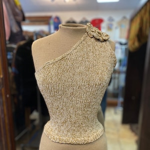 Vintage 70s 80s Disco Gold Metallic Knit One Shoulder Top