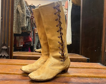 Vintage 60s 70s Side Lace Up Equestrian Boots Distressed Leather Knee Calf size US 7 UK 4 EU 37 Pull On