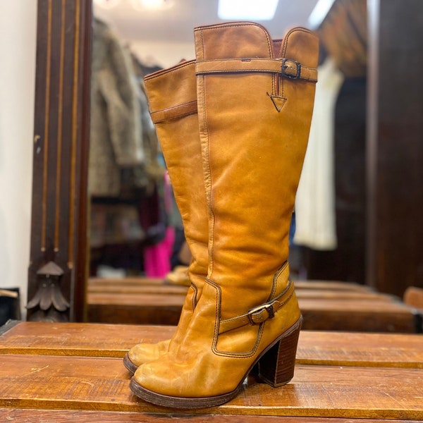 Vintage 60s 70s Zodiac Stacked Heel Boots with Buckles Campus Caramel Brown Tan US 7 UK 4 EU 37 Tall