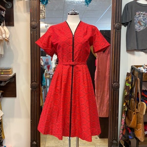 Vintage 50s 40s Shirtwaist House Dress Novelty Print Hearts Valentine Sundress Zipper Front Dead Stock Small Medium