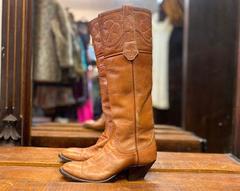 Vintage 70s Larry Mahan Flower Inlay Boots Campus Cowboy size US 6 UK 3 EU 36 Caramel Brown