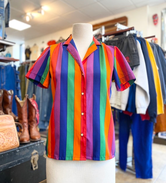 Vintage 80's Rainbow Vertical Striped Button Up Sh