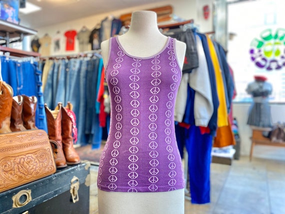 Vintage 60s 70s Knit Peace Sign Purple Ringer Tan… - image 1