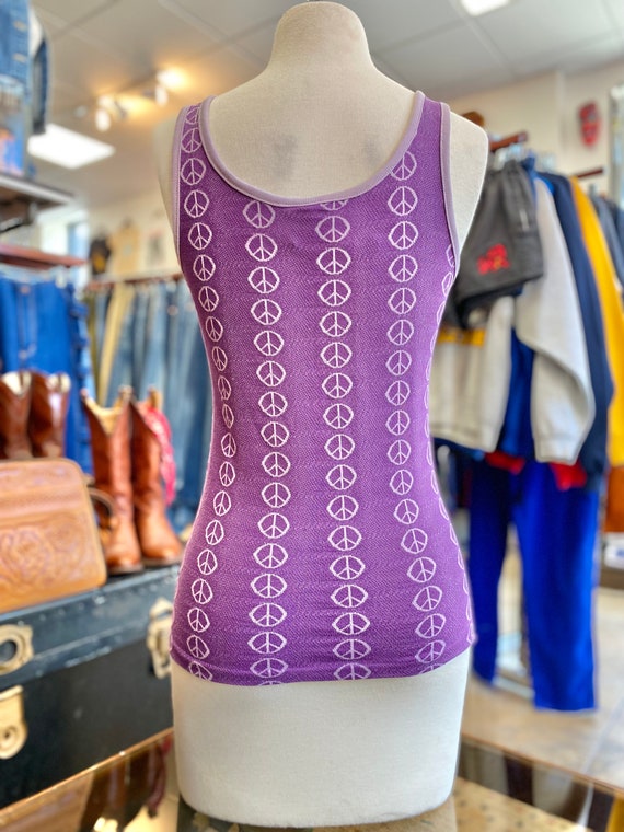 Vintage 60s 70s Knit Peace Sign Purple Ringer Tan… - image 2