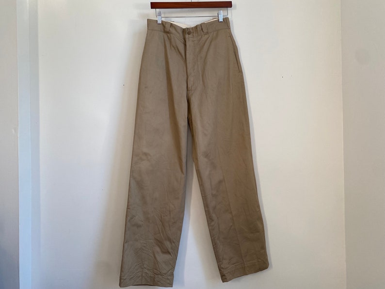 Pantalon chino kaki en coton officier vintage des années 50, poches à rabat, fermeture à glissière 31 image 1