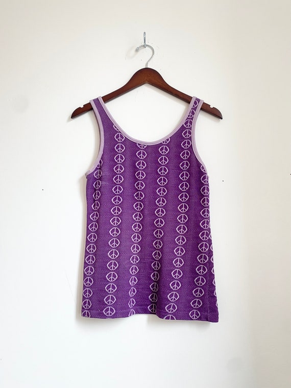 Vintage 60s 70s Knit Peace Sign Purple Ringer Tan… - image 3