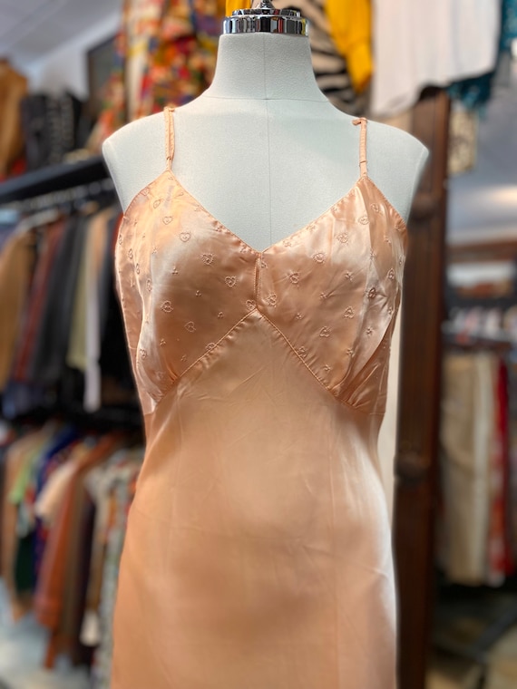 Vintage 40s Bias Slip Dress Heart Embroidery Peach