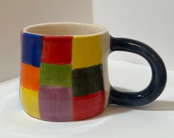Handmade Ceramic Gingham Mug – Checkered Pottery Cup, Rustic Coffee Mug, Hand-Painted Ceramic Gift for Coffee Lovers