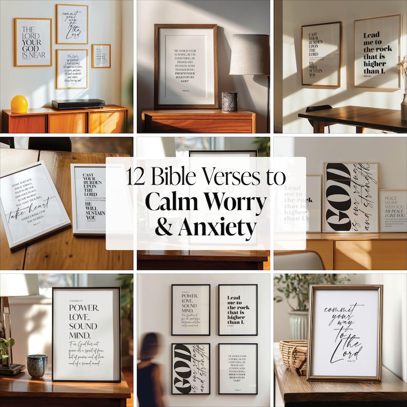 12 Bible Verses to Calm Worry, Scripture Wall Art Set, Christian Home ...