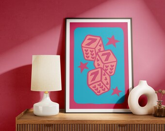 Lucky 777 Dice art printable, Pink Blue funky retro pop art dopamine decor, Preppy quirky feminine y2k girly whimsy angel number dorm print