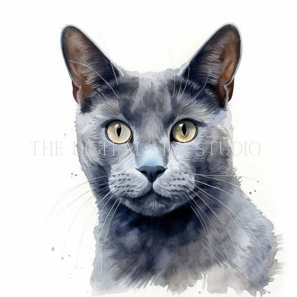 12 High-Quality Russian Blue Cat PNG | JPG | PDF | Cat Clipart | Watercolor | Card Making | Commercial Use Digital Download