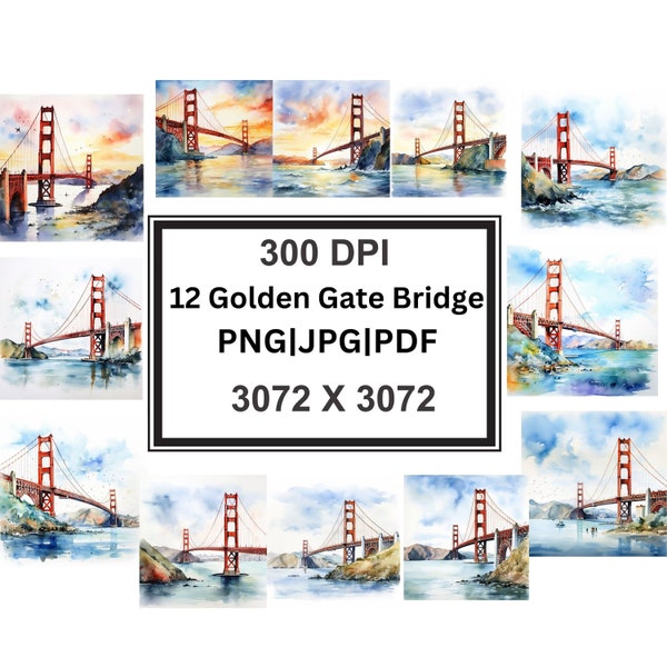 12 High-Quality Designs of The Golden Gate Bridge Clip Art 12 PNG|JPG|PDF Digital, Journaling, Watercolor, Commercial Use Digital Download