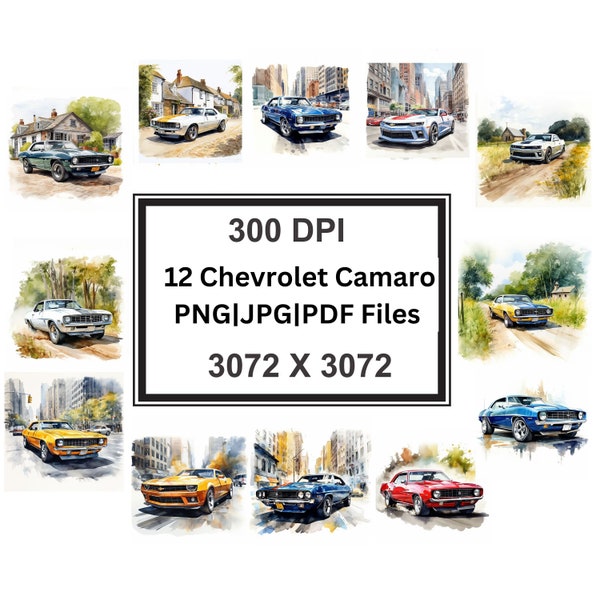 12 High-Quality Designs of Chevrolet Camaro Clip Art 12 PNG|JPG|PDF Digital, Journaling, Watercolor, Wall Art, Commercial Digital Download