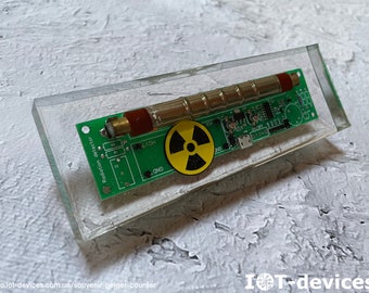 Epoxy Souvenir Geek Geiger counter, DIY electronics GGreg20, GM tube and radiation emblem casted in transparent non-toxic UV filter epoxy