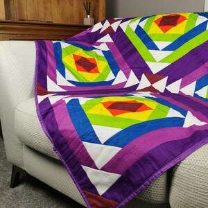 Large Quilt, Colourful Rainbow Double Bed Quilted Blanket, Large Quilt For Sale, Vibrant Rainbow Coloured Patchwork Sofa Throw