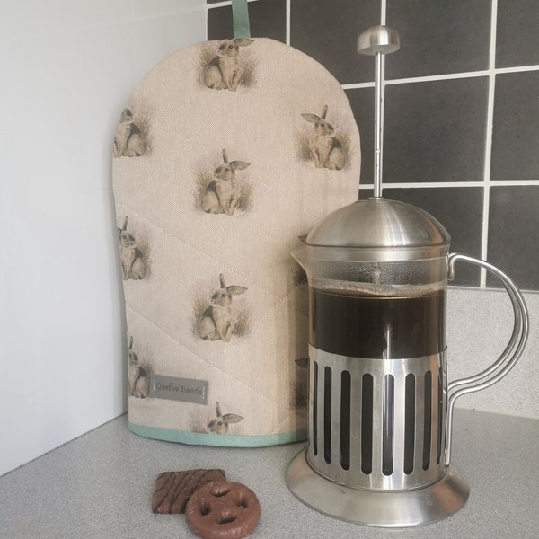 Hoge koffiepot Cafetiere Cosy Handgemaakt konijnenboerderij katoenrijke linnenlook. Gewatteerde koffiewarmerhoes, cadeau voor koffieliefhebber