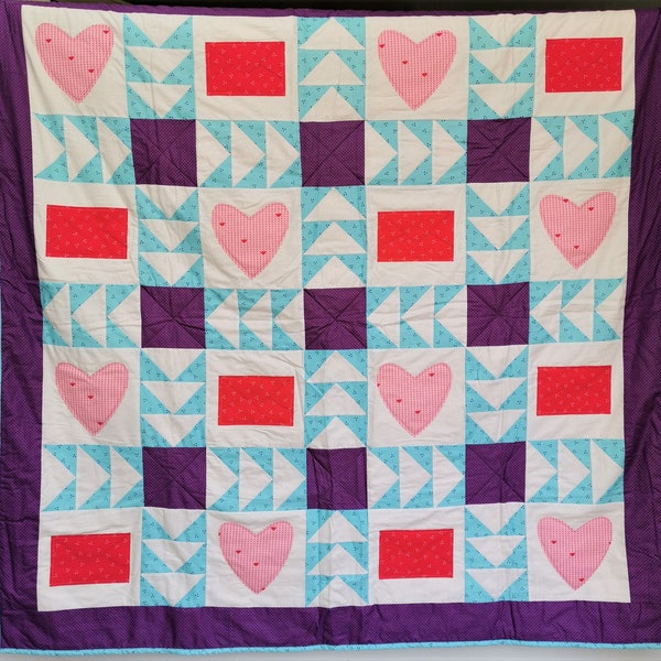 Love hearts, love letters, valentine quilted blanket, bursts of vibrant red, pink, purple and blue, anniversary blanket, patchwork quilt