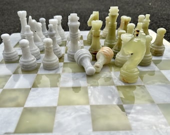 Onyx Chess Pieces only, Marble Chess pieces Only for 12 to 16 Inch Chess Boards. Green and White Onyx Chess Figures.